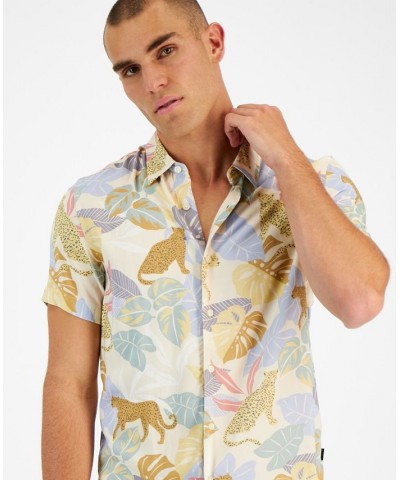 Men's Leopard Jungle Printed Button-Down Shirt Brown $39.53 Shirts