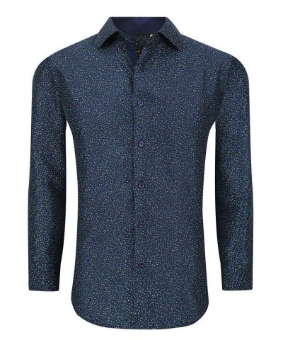 Men's Business Geometric Long Sleeve Button Down Shirt Blue $17.84 Dress Shirts