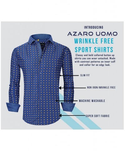 Men's Business Geometric Long Sleeve Button Down Shirt Blue $17.84 Dress Shirts