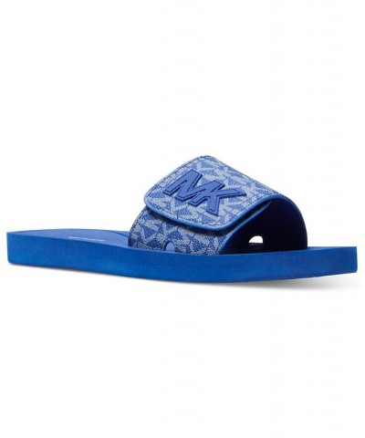 Women's MK Signature Logo Pool Slide Sandals Blue $29.90 Shoes