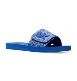 Women's MK Signature Logo Pool Slide Sandals Blue $29.90 Shoes