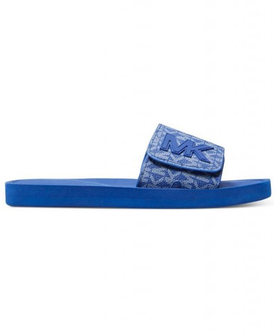 Women's MK Signature Logo Pool Slide Sandals Blue $29.90 Shoes