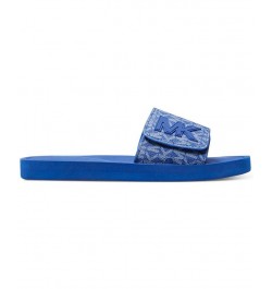 Women's MK Signature Logo Pool Slide Sandals Blue $29.90 Shoes