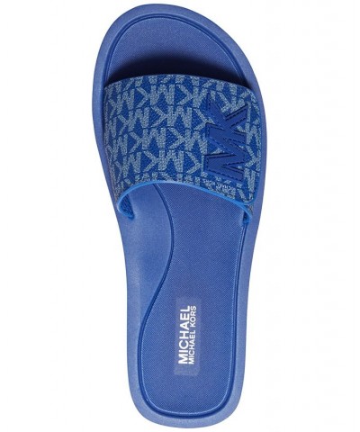 Women's MK Signature Logo Pool Slide Sandals Blue $29.90 Shoes