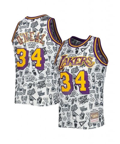 Men's Shaquille O'Neal White Los Angeles Lakers 1996-97 Hardwood Classics Doodle Swingman Jersey $60.48 Jersey