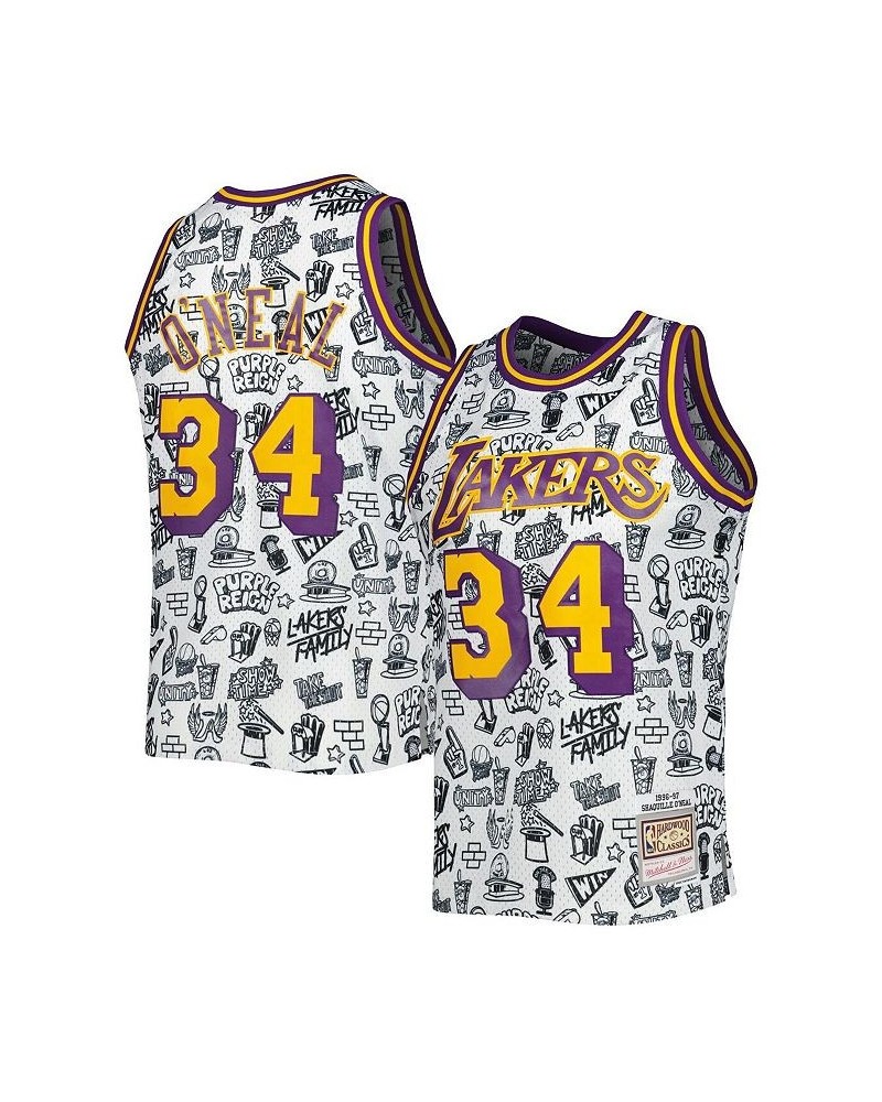 Men's Shaquille O'Neal White Los Angeles Lakers 1996-97 Hardwood Classics Doodle Swingman Jersey $60.48 Jersey