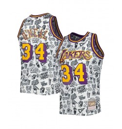 Men's Shaquille O'Neal White Los Angeles Lakers 1996-97 Hardwood Classics Doodle Swingman Jersey $60.48 Jersey