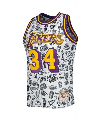 Men's Shaquille O'Neal White Los Angeles Lakers 1996-97 Hardwood Classics Doodle Swingman Jersey $60.48 Jersey