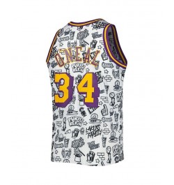 Men's Shaquille O'Neal White Los Angeles Lakers 1996-97 Hardwood Classics Doodle Swingman Jersey $60.48 Jersey