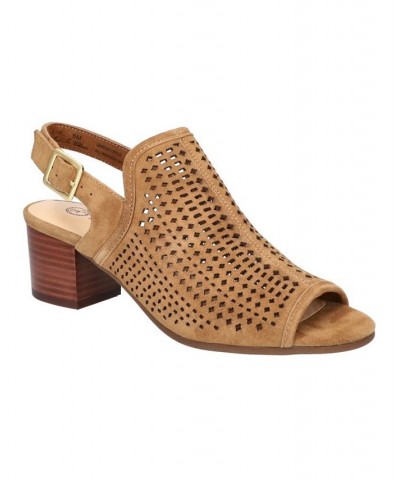 Women's Emmalyn Block Heel Sandals Dark Tan Suede Leather $50.70 Shoes