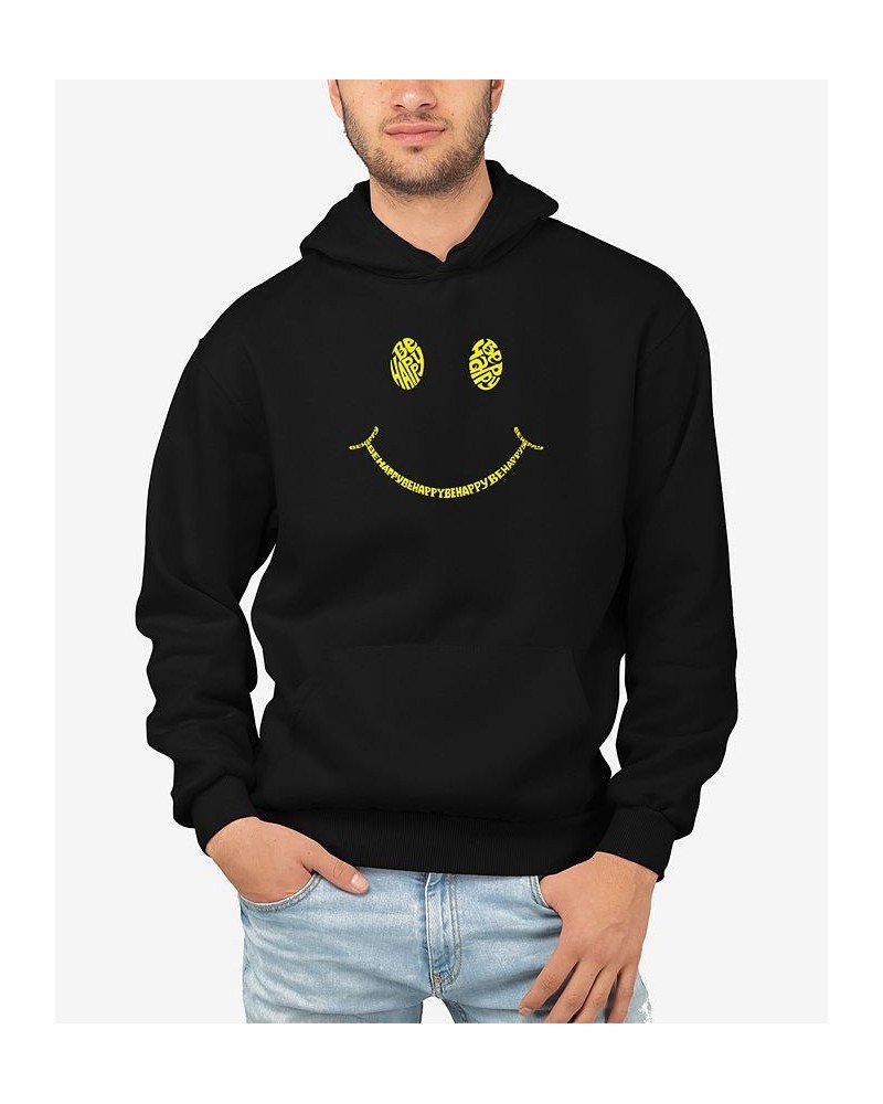 Men's Be Happy Smiley Face Word Art Hooded Sweatshirt Black $26.40 Sweatshirt