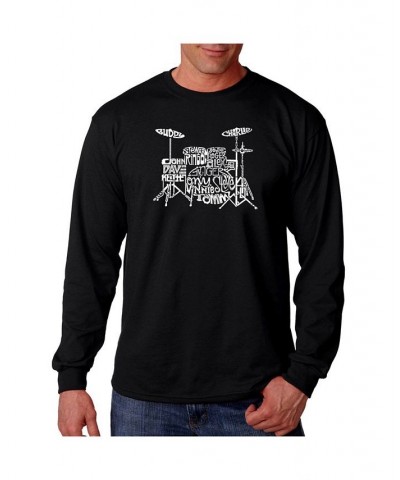 Men's Word Art Long Sleeve T-Shirt- Drums Black $16.40 T-Shirts