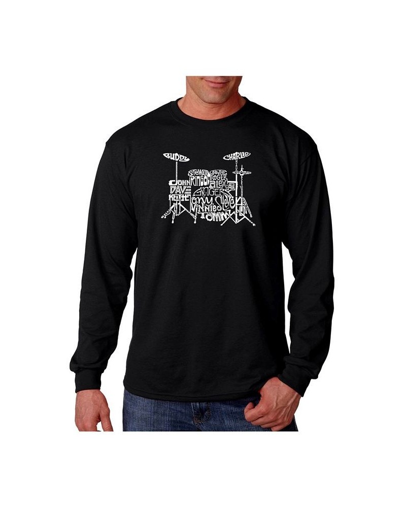 Men's Word Art Long Sleeve T-Shirt- Drums Black $16.40 T-Shirts