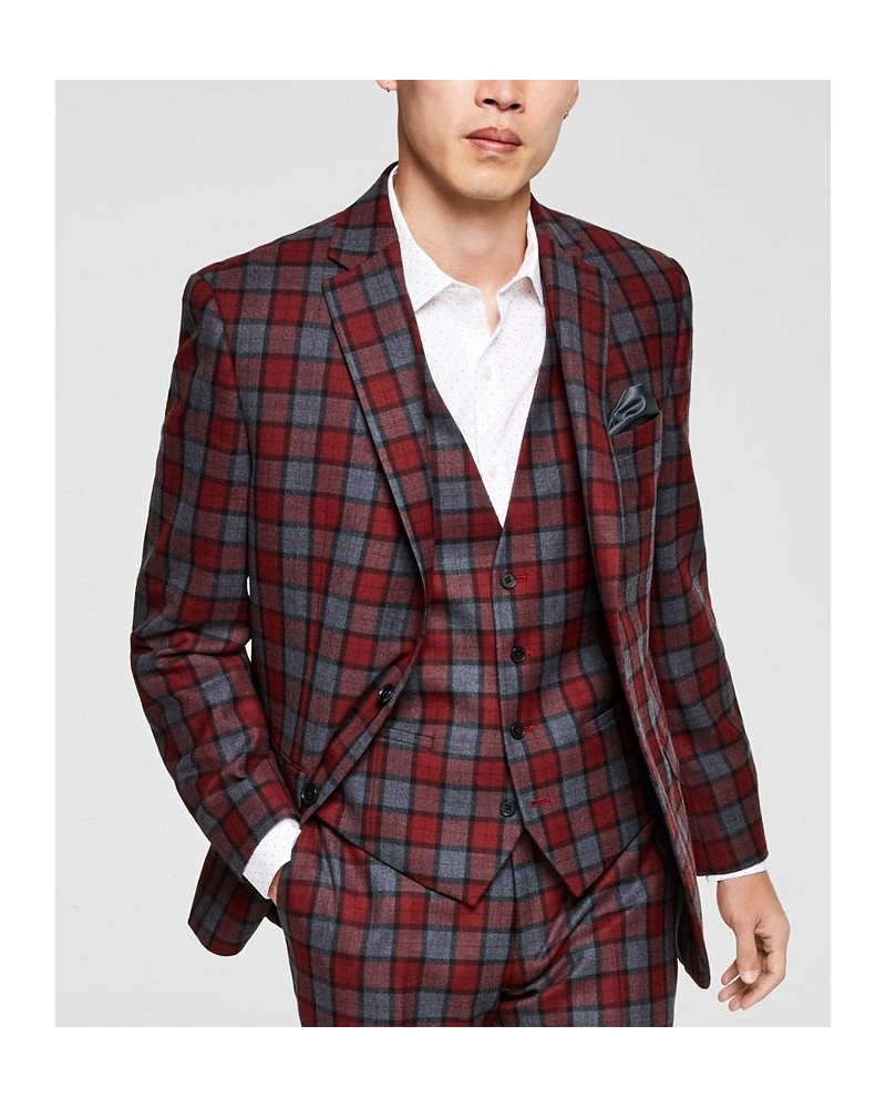 Men's Slim-Fit Red/Gray Plaid Suit Jacket Red $77.40 Blazers