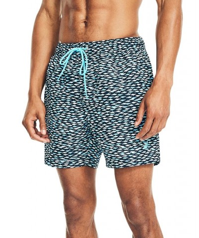 Men's Drawstring Fish Print 6" Swim Trunks Azure Blue $21.68 Swimsuits