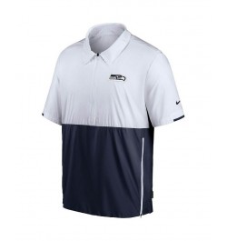 Men's White, College Navy Seattle Seahawks Sideline Coaches Half-Zip Short Sleeve Jacket $35.20 Jackets