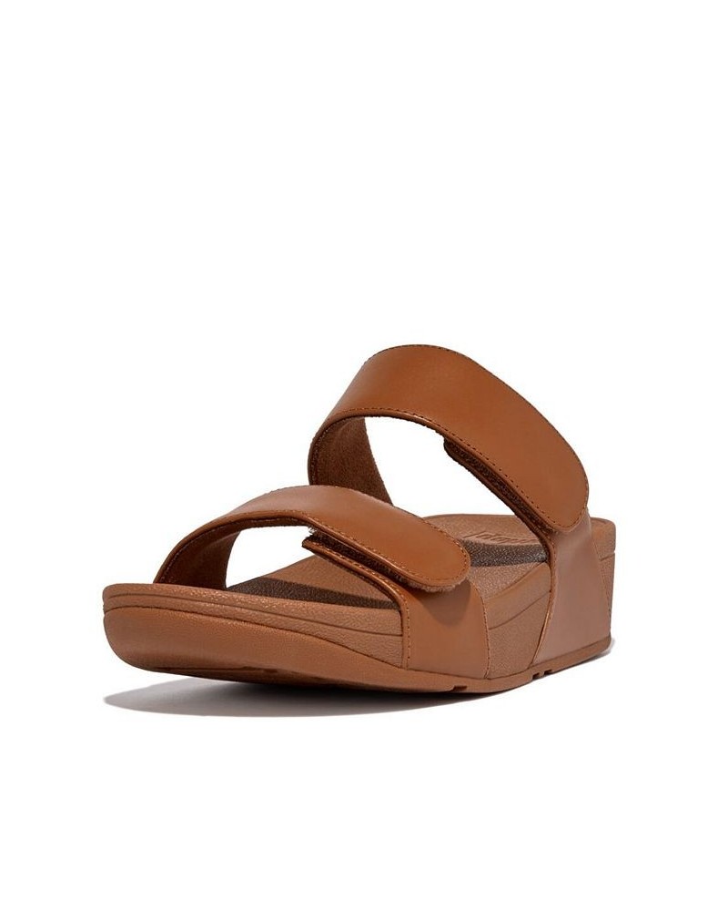 Women's Lulu Adjustable Metallic Leather Slides Tan/Beige $49.35 Shoes