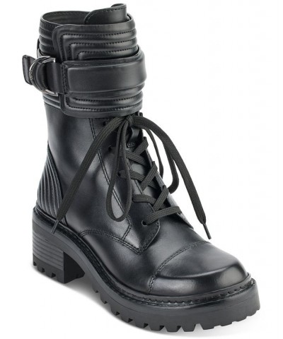 Women's Basia Buckled Quilted Block-Heel Combat Boots Black $43.67 Shoes