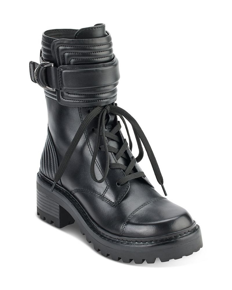 Women's Basia Buckled Quilted Block-Heel Combat Boots Black $43.67 Shoes