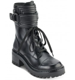 Women's Basia Buckled Quilted Block-Heel Combat Boots Black $43.67 Shoes