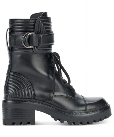 Women's Basia Buckled Quilted Block-Heel Combat Boots Black $43.67 Shoes