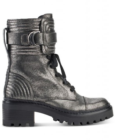 Women's Basia Buckled Quilted Block-Heel Combat Boots Black $43.67 Shoes