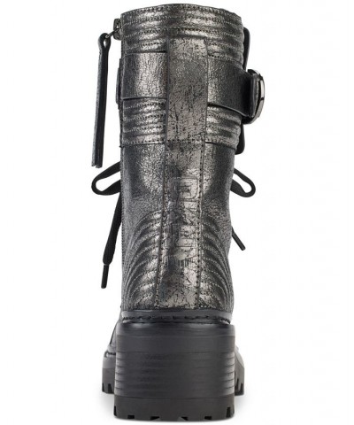 Women's Basia Buckled Quilted Block-Heel Combat Boots Black $43.67 Shoes