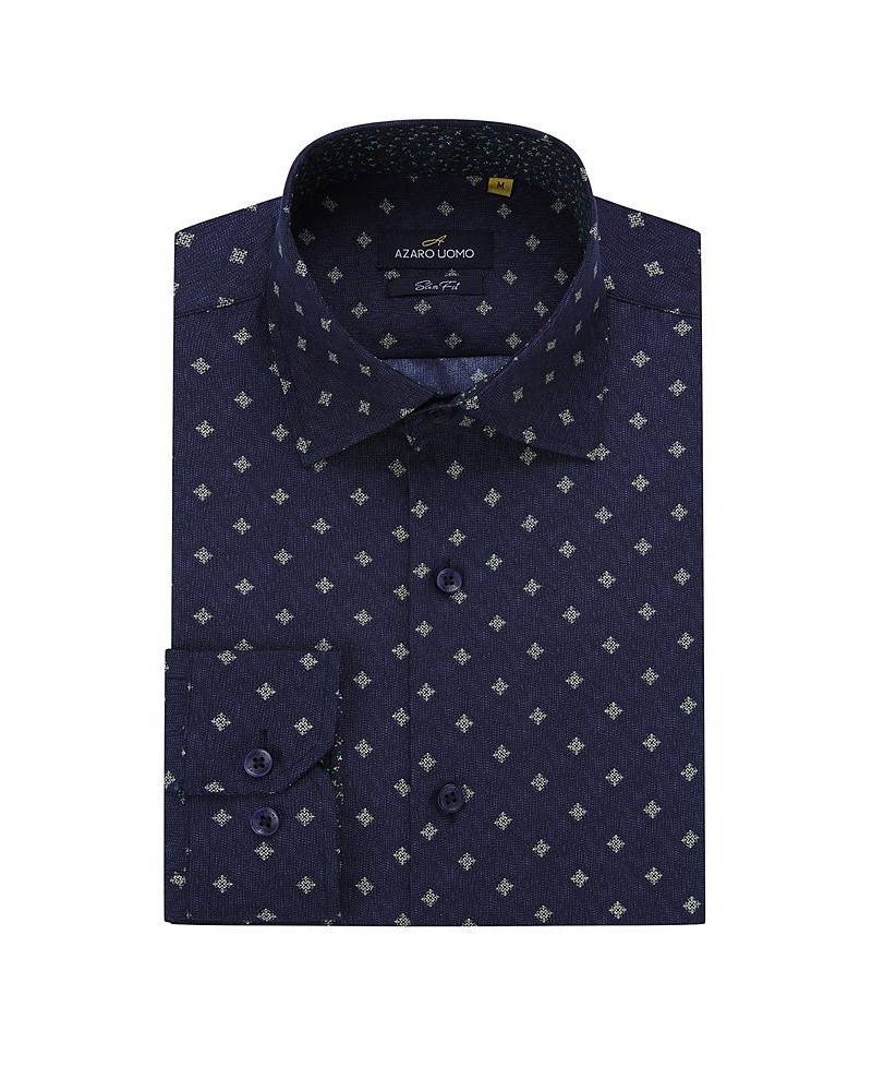 Men's Business Geometric Long Sleeve Button Down Shirt Blue $19.24 Dress Shirts