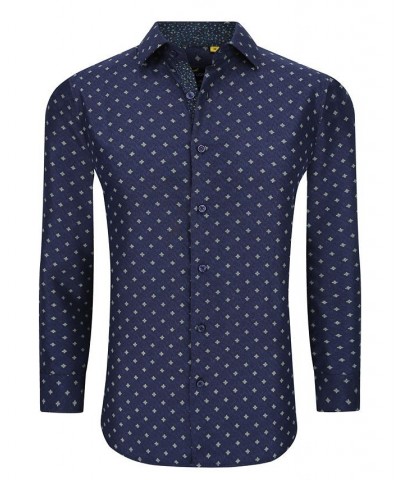 Men's Business Geometric Long Sleeve Button Down Shirt Blue $19.24 Dress Shirts