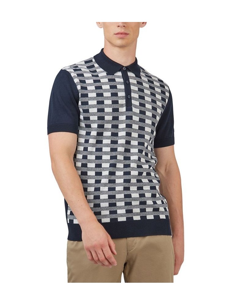 Men's Jacquard Check-Front Short-Sleeve Embroidered Polo Shirt Blue $48.79 Polo Shirts