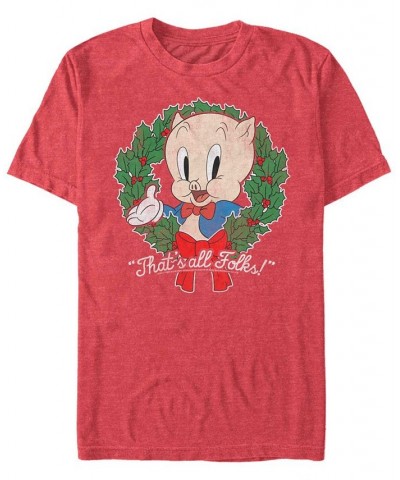 Men's Looney Tunes Porky Wreath Short Sleeve T-shirt Red $17.15 T-Shirts