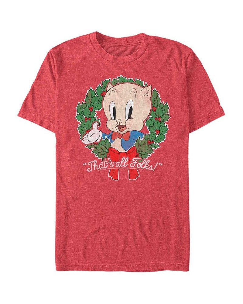 Men's Looney Tunes Porky Wreath Short Sleeve T-shirt Red $17.15 T-Shirts