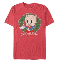 Men's Looney Tunes Porky Wreath Short Sleeve T-shirt Red $17.15 T-Shirts