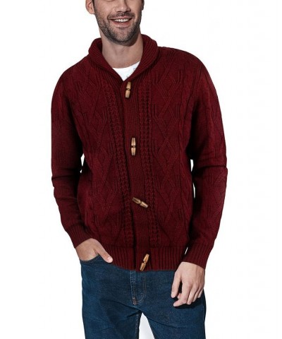 Men's Shawl Collar Cable Knit Cardigan Burgundy $32.99 Sweaters