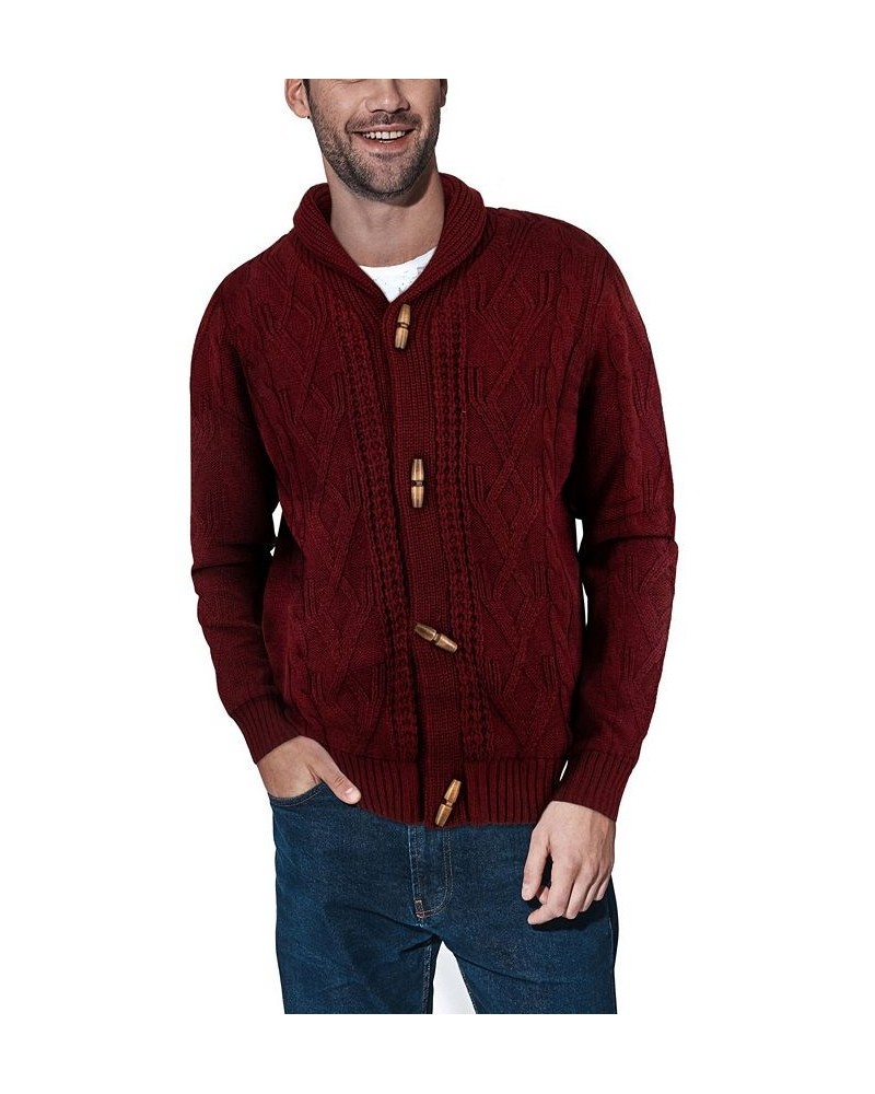 Men's Shawl Collar Cable Knit Cardigan Burgundy $32.99 Sweaters