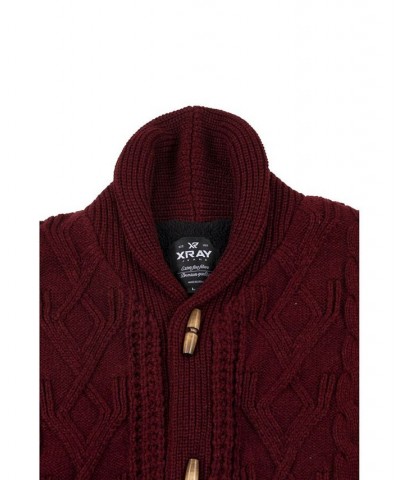 Men's Shawl Collar Cable Knit Cardigan Burgundy $32.99 Sweaters