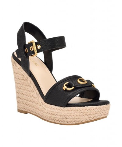 Women's Hisley Espadrille Logo Wedges with Nappa Trim Sandals Black $52.47 Shoes