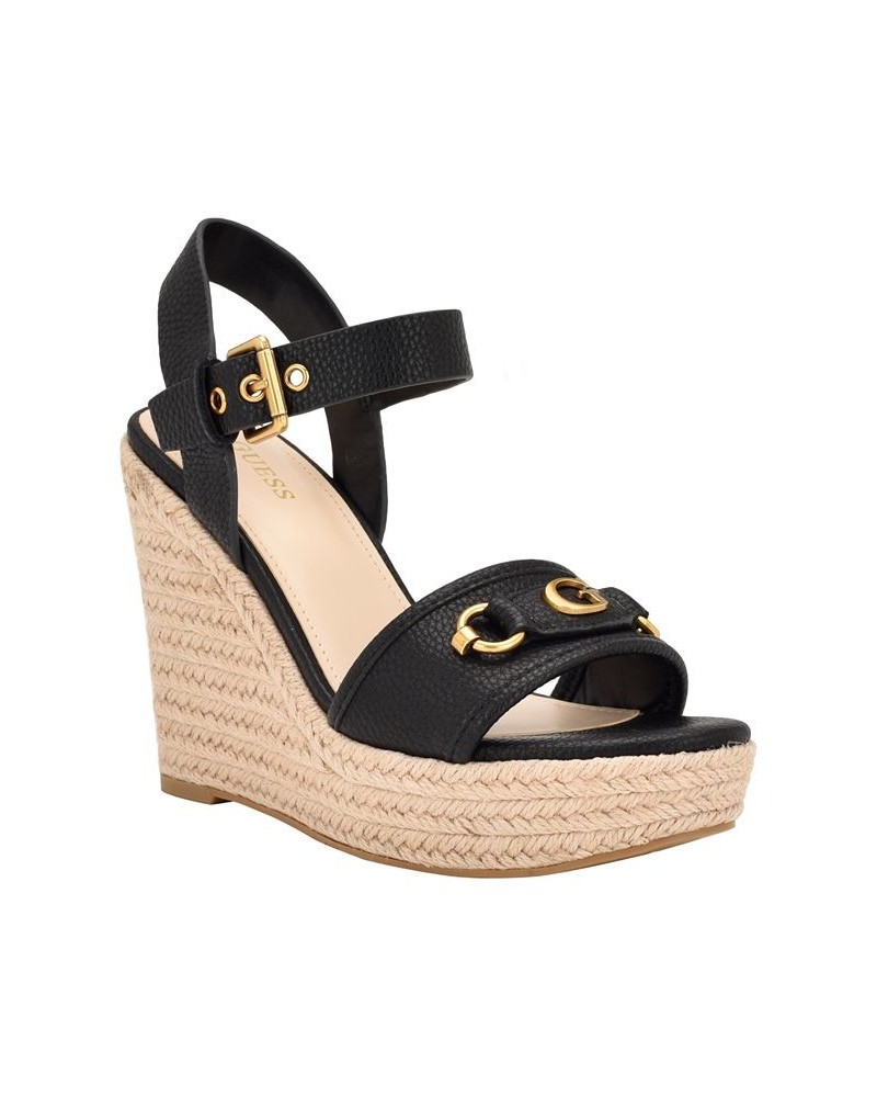 Women's Hisley Espadrille Logo Wedges with Nappa Trim Sandals Black $52.47 Shoes