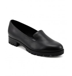 Women's Geneva Round Toe Casual Slip-on Loafers Black $44.55 Shoes