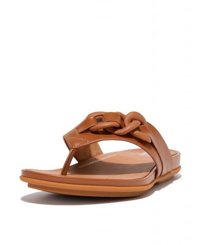 Women's Gracie Rubber Chain Leather Toe Post Sandals Tan/Beige $50.40 Shoes