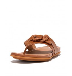 Women's Gracie Rubber Chain Leather Toe Post Sandals Tan/Beige $50.40 Shoes