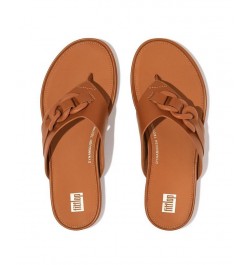 Women's Gracie Rubber Chain Leather Toe Post Sandals Tan/Beige $50.40 Shoes