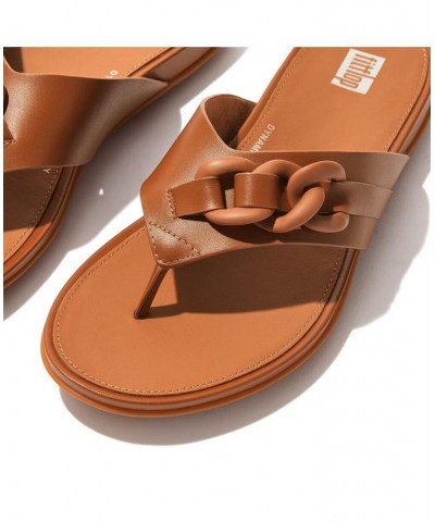 Women's Gracie Rubber Chain Leather Toe Post Sandals Tan/Beige $50.40 Shoes