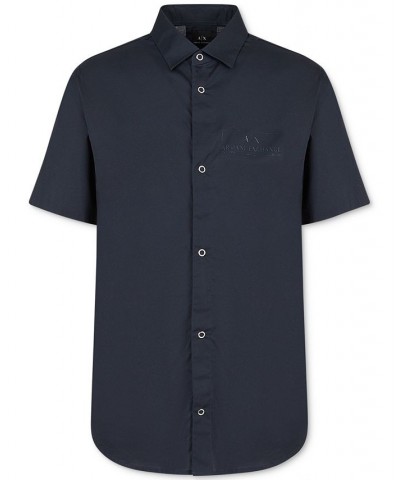 Men's Rubber Logo Poplin Snap Button up Shirt Blue $39.60 Shirts