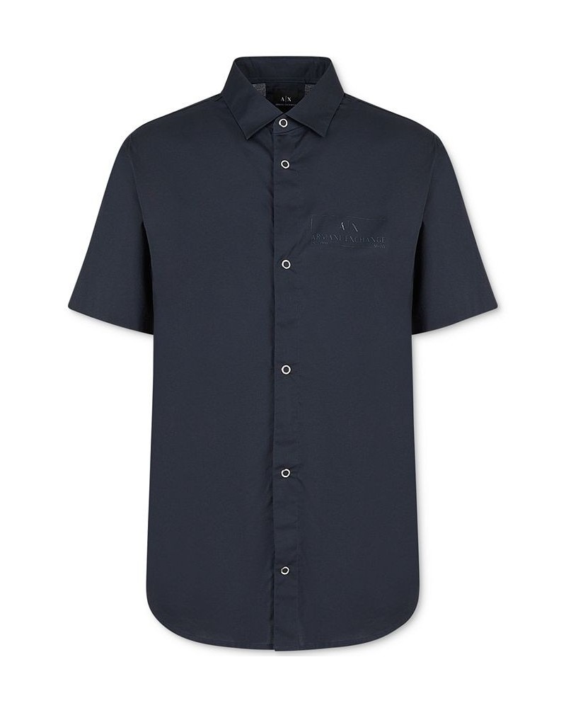 Men's Rubber Logo Poplin Snap Button up Shirt Blue $39.60 Shirts