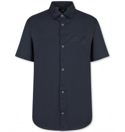 Men's Rubber Logo Poplin Snap Button up Shirt Blue $39.60 Shirts