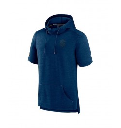 Men's Branded Heather Deep Sea Blue Seattle Kraken Authentic Pro Road Performance Short Sleeve Pullover Hoodie $32.34 Sweatshirt