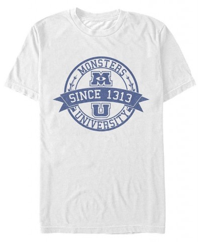 Men's Monsters University Vintage-Like Logo Short Sleeve Crew T-shirt White $20.99 T-Shirts