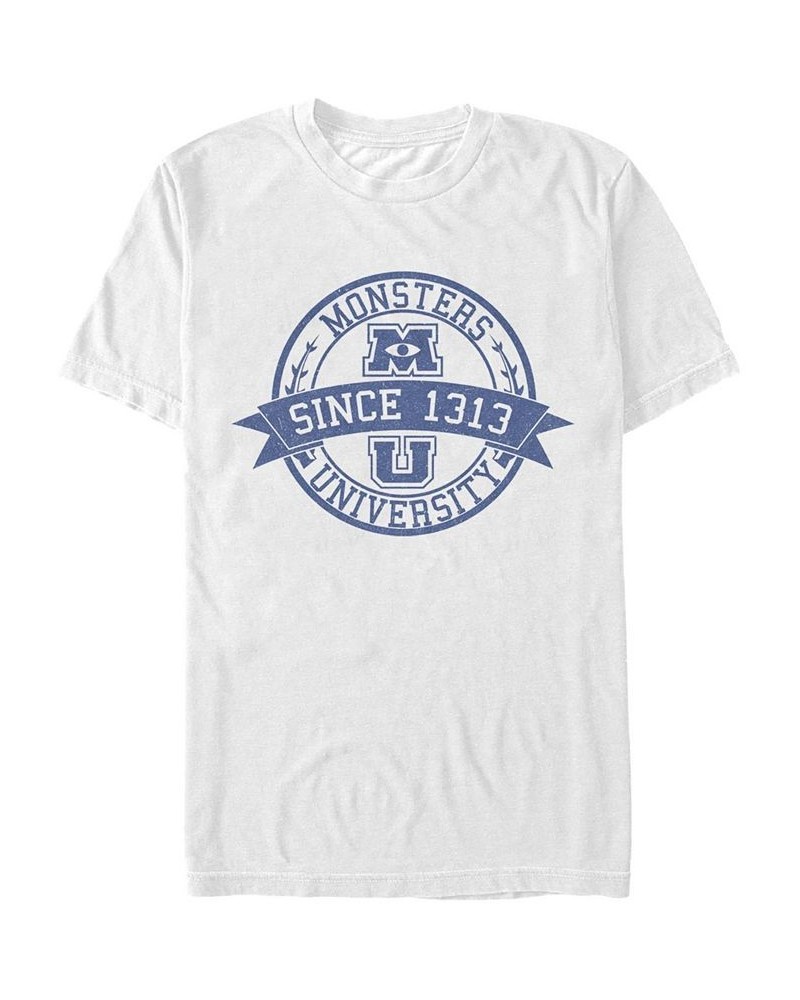 Men's Monsters University Vintage-Like Logo Short Sleeve Crew T-shirt White $20.99 T-Shirts